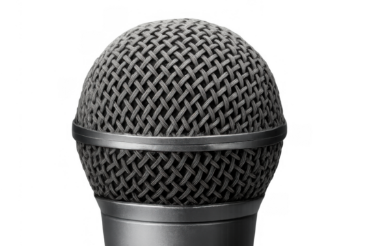 Gray metal studio microphone for recording audio and sound, broadcasting, singing, and public speaking, transparent background