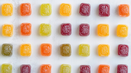 Colorful square fruit jelly candy arranged in neat rows on white background, creating vibrant and cheerful pattern