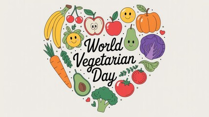 Celebrate World Vegetarian Day with vibrant, healthy fruits and veggies in a fun, heartwarming design, perfect for promoting a healthy lifestyle