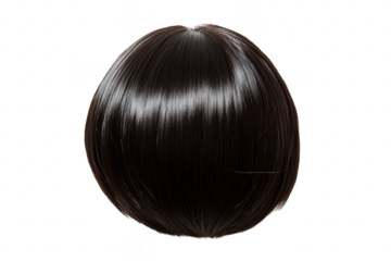 A sleek. shiny black wig with a rounded bob style. placed on a white background. its smooth texture and color. ideal for fashion shoots or costume design