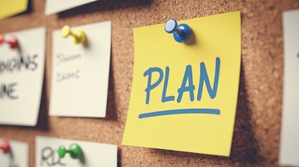 Brainstorm your next big idea with this inspirational corkboard scene featuring pinned yellow note with the word "PLAN" in blue, ready for your next project