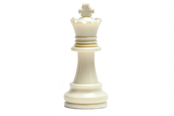 A single. elegant ivory chess king piece stands prominently against a clean white background. symbolizing strategy and competition in a game of intellect and skill