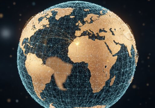 Digital connections span across a stylized representation of the planet Earth