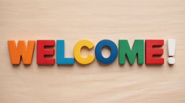 Bright and cheerful welcome message with colorful wooden blocks for a warm and inviting atmosphere, perfect for classrooms, playrooms, or children's events