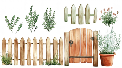 A charming wooden fence with a rustic gate surrounded by various green plants and herbs. set against a clean white background. ideal for gardening or home decor themes