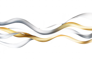 A dynamic composition of flowing silver and gold ribbons gracefully intertwining against a clean white background. creating a sense of elegance and movement. ideal for design and creative projects