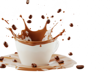 A dynamic splash of coffee erupting from a white cup surrounded by scattered coffee beans. set against a minimalist white background. perfect for culinary or beverage-related themes