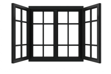 A modern black window with open casements a bright. airy interior. surrounded by a serene outdoor view. ideal for home decor and architectural design inspiration