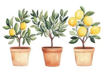 A illustration of three potted lemon trees. lush green leaves and ripe yellow lemons. set against a clean white background. ideal for botanical themes or kitchen decor
