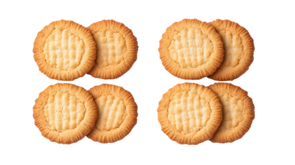 Four golden brown oval shaped cookies isolated on transparent background