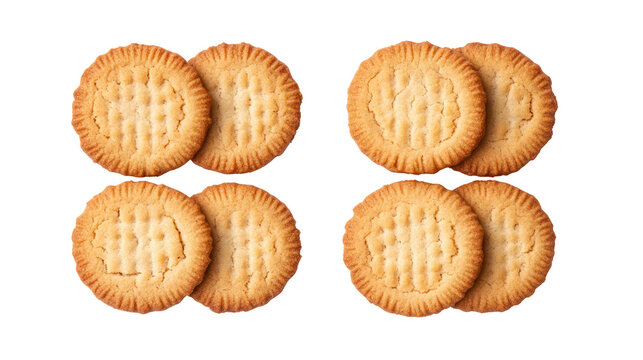 Four golden brown oval crackers arranged in a square isolated on transparent background