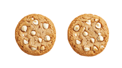 Two delicious white chocolate chip cookies isolated on transparent background