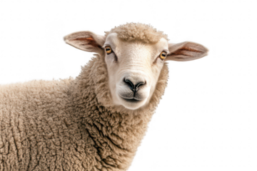 A close-up portrait of a sheep with a fluffy coat. its expressive eyes and calm demeanor against a soft white background. ideal for agricultural or animal-related content