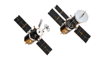 Two advanced space satellites in orbit isolated on transparent background