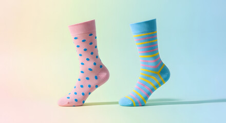 Colorful Socks: Pink Polka Dot and Blue Striped Socks on Pastel Background
