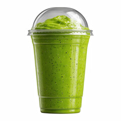 Fresh Green Smoothie in Clear Plastic Cup with Dome Lid, isolated on transparent background