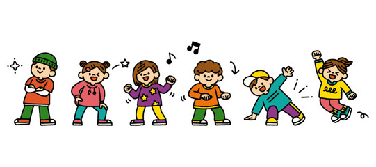 子供たちがダンスを楽しむカラフルな手描きのイラストセット