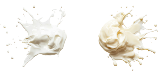 Two dynamic splashes of white liquid isolated on transparent background