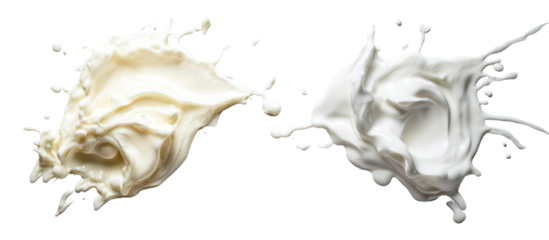 Yogurt splash and green smoothie splash side by side overhead on transparent background