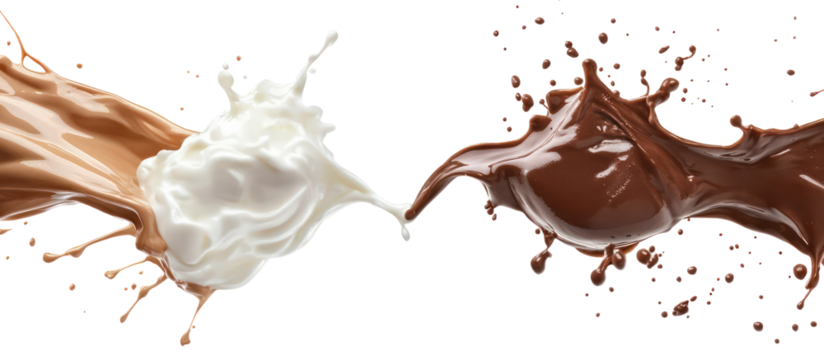 Yogurt splash and chocolate smoothie splash side by side overhead on transparent background