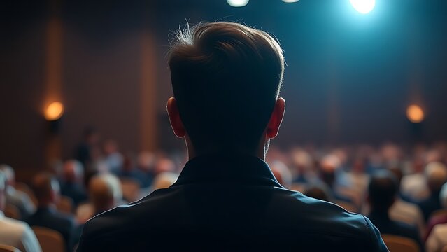 listener. A lone listener in an auditorium, attentively focused under a soft spotlight from above. wellbeing guides, coaching materials, designed for coaching and self-improvement content.