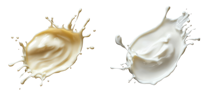 Two liquid splashes of milk and caramel isolated on transparent background
