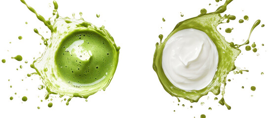 Yogurt splash and green smoothie splash side by side overhead on transparent background