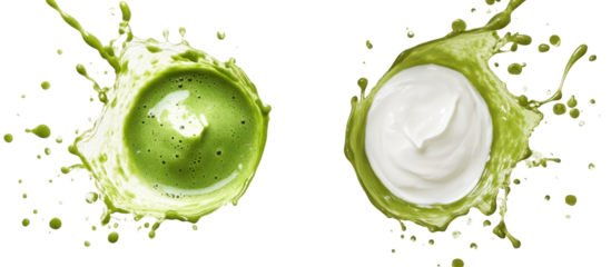 Yogurt splash and green smoothie splash side by side overhead on transparent background
