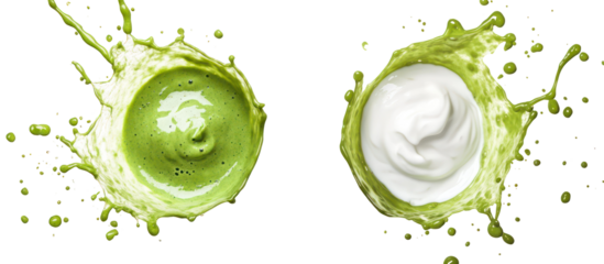 Yogurt splash and green smoothie splash side by side overhead on transparent background