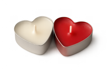 Heart shaped red and cream tealight candles symbolizing love, romance, togetherness for valentine's day celebration