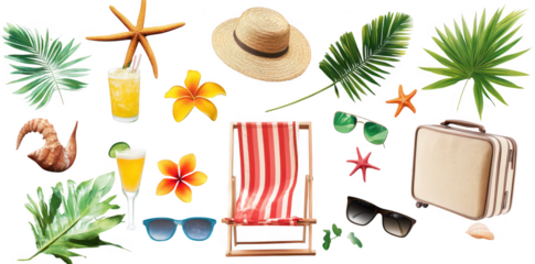 A tropical vacation scene featuring a beach chair. sunglasses. a straw hat. tropical drinks. and decorative elements like shells and flowers. evoking relaxation and summer fun