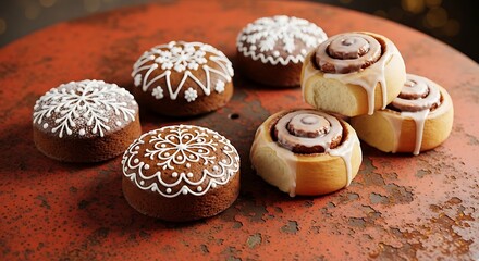 Assortment of festive gingerbread cookies with white icing and classic cinnamon rolls on a rustic table.