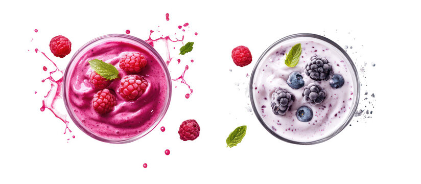 Two bowls of fruit yogurt with berries and mint isolated on transparent background