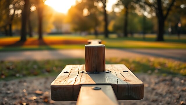 fulcrum. Wooden seesaw in a peaceful park at golden hour, showing perfect equilibrium. event key visuals, club posters, designed for sports event promotions and stadium branding.