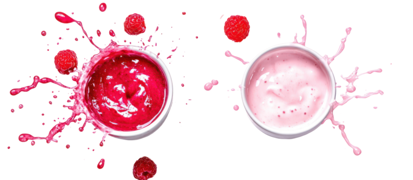 Yogurt splash and tropical fruit smoothie splash side by side on transparent background