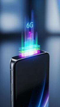 6g technology neon hologram smartphone data signal connection mobile 6G neon bars futuristic vertical layers visualization speed transmission