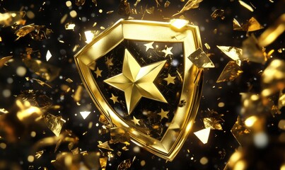 Gold shield award with star and confetti for achievement and celebration