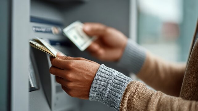 A close-up of a person's hand inserting money into an ATM, conveying everyday banking activities