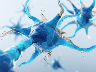 Close-up view of stylized nerve cells with blue hue, water droplets, and blurred background