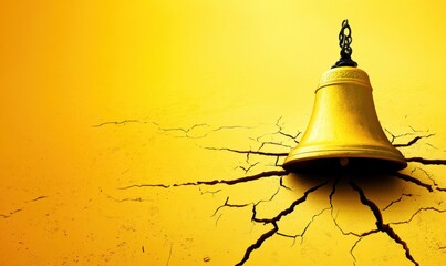 Golden bell on cracked surface symbolizing alert emergency or opportunity