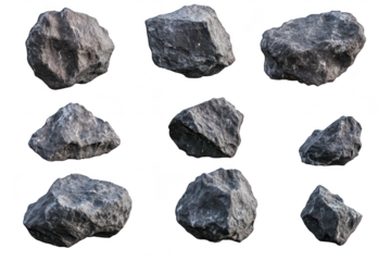 A collection of various textured rocks arranged in a grid pattern. unique shapes and surfaces. ideal for use in natural landscapes or geological studies