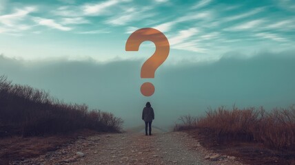 Lost in thought under a giant question mark, seeking answers in the landscape, a conceptual image for problem solving or decision making