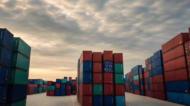 Dynamic intermodal shipping containers stacked high ready for global commerce and transport, perfect for logistics and supply chain videos