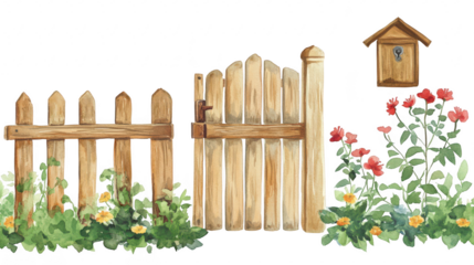 A charming wooden gate opens to a quaint garden filled with flowers. inviting visitors into a serene outdoor space. complemented by a decorative mailbox on the side