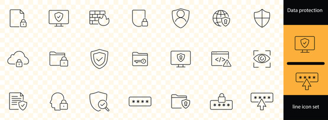 Data protection Web Icon Set in Line Style. Collection of Cyber security Linear Icons, Including Computer hacking, privacy, secured, technology, network, personal information and more