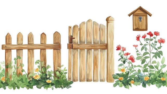 A charming wooden gate opens to a quaint garden filled with flowers. inviting visitors into a serene outdoor space. complemented by a decorative mailbox on the side
