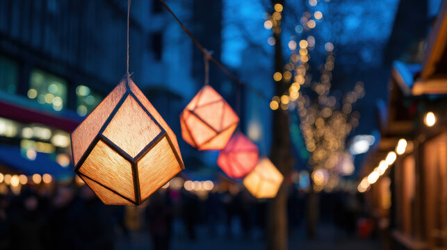 Christmas lanterns glow warmly at outdoor market with festive lights and blurred people creating joyful holiday atmosphere