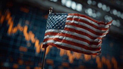 Symbol of distress: american flag against a declining economic b