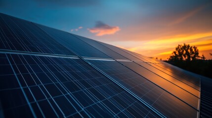 a picturesque view of solar panels illuminated by the warm glow of the setting sun, reflecting the transition to sustainable energy solutions