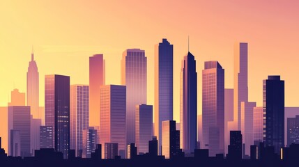 a majestic metropolis silhouette, a cityscape bathed in warm hues of dawn, where architecture meets the ethereal glow of the rising sun